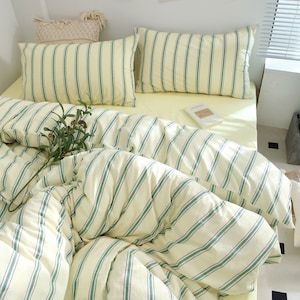 Green Stripe Washed Cotton Bedding Set: Bee Green Sheets & Duvet Cover