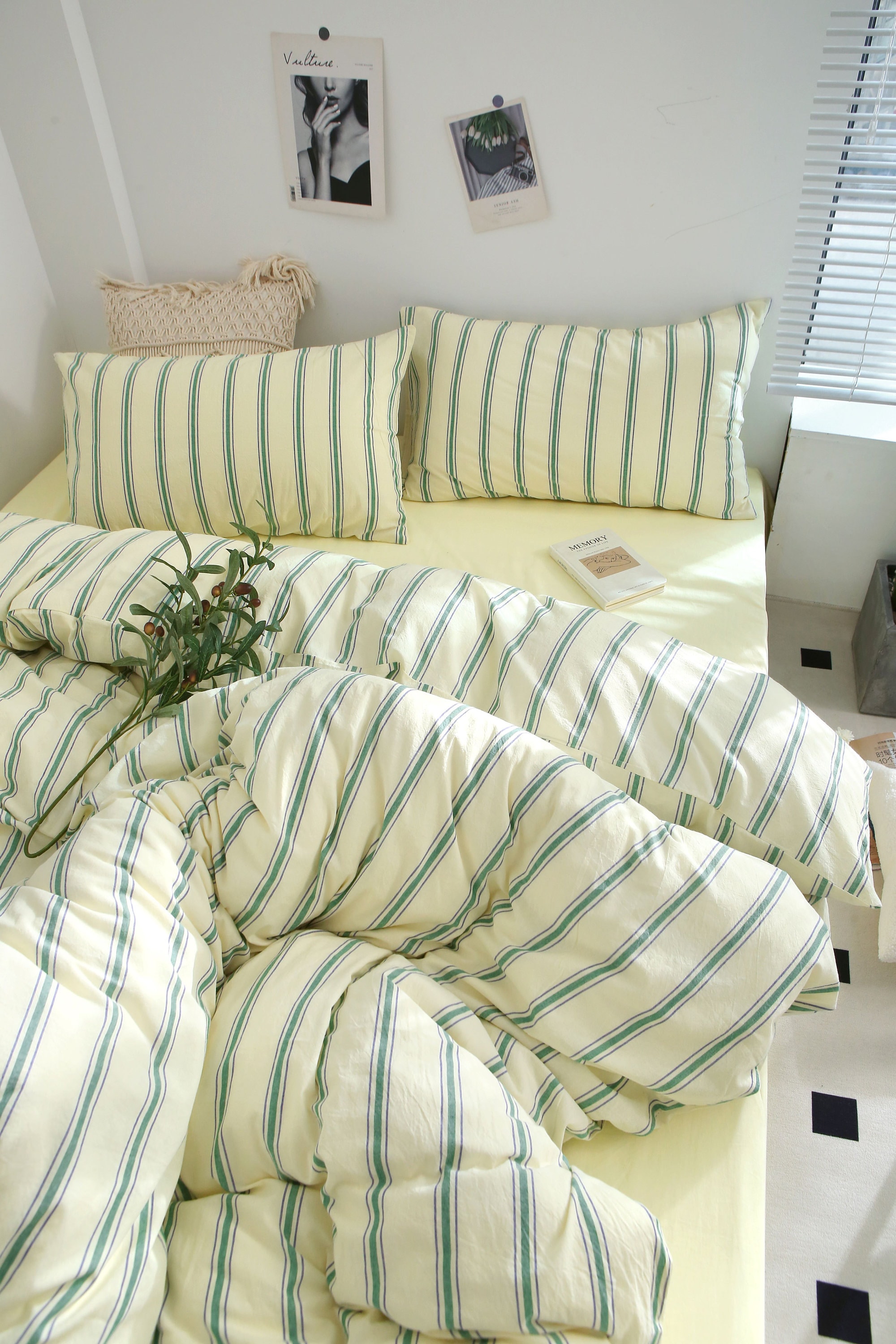 Washed Cotton Green Striped Bedding Set - KING