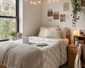 Beige Checkerboard Cotton Bed Set | Neutral Check Duvet Cover