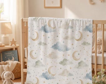 Watercolor Moon and Clouds Baby Swaddle Blanket | Starry Sky Nursery