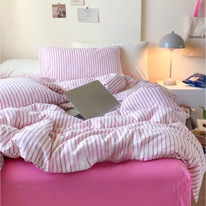 Insta-Chic Bright Stripe Cotton 4-Piece Bedding Set: Bee Pink Sheets & Duvet Cover Twin/Full/Queen/King