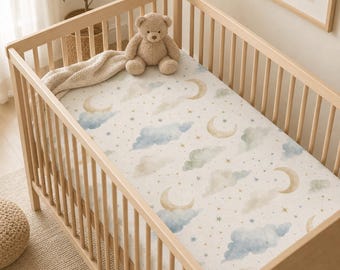 Moon and Clouds Crib Sheet | Neutral Watercolor Stars Nursery