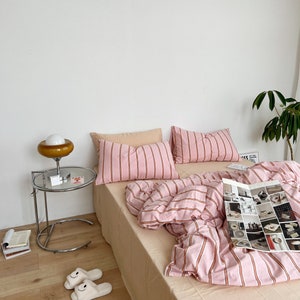 Insta-Chic Vitamin Color Stripe Washed Cotton Bedding Set: Bee Pink Sheets & Duvet Cover - Available in Twin, Full, Queen, King