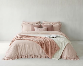 Blush Pink Ruffled Duvet Cover | Princess Bedding Set | Romantic Cottage Core Comforter Cover | Shabby Chic Bedroom Decor | Queen King Twin