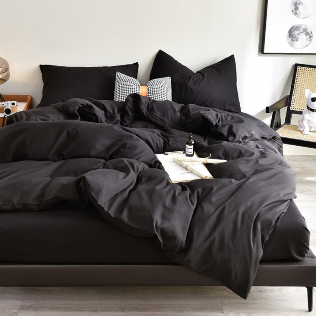 100% Cotton Duvet Cover Set ALL Season Black Set Solid Color Bedding ...