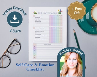 May include: A printable self-care and emotion checklist with a colorful design. The checklist includes sections for basic and advanced self-care activities, as well as a feelings check-in section. The checklist is made by a therapist and includes a free gift.