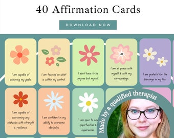 May include: A set of 40 affirmation cards with floral illustrations and positive statements. The cards feature various flower designs in pastel colors and the text "Download Now". The cards are made by a qualified therapist.