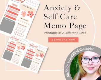 May include: Printable anxiety and self-care memo page with sections for to-do list, daily affirmation, water tracker, and gratitude list. The page features a pink and white color scheme with floral illustrations.  Made by a qualified therapist.