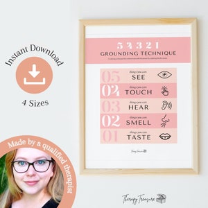 54321 Grounding Technique Printable Wall Art INSTANT DOWNLOAD Therapy Office Decor, Therapy Wall Art, Anxiety Relief, Self Care Tracker