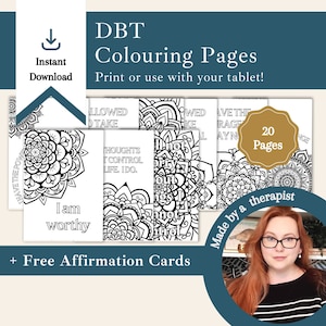 DBT Colorbook | arkusz DBT, zeszyt ćwiczeń DBT, arkusz ćwiczeń DBT Threapy, plakat DBT, umiejętności DBT, terapia DBT, karty stacji afirmacji, do druku