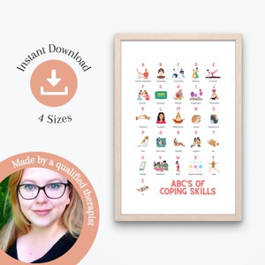 ABC Coping Skills Poster | coping skills alphabet, coping skills list, coping skill toolbox, self care infographics, Healthy coping skills