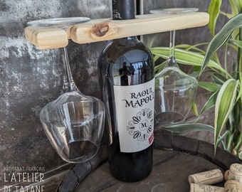 Wine glass holder for wooden and customizable bottle, Glass holder on bottle, original and atypical gift.