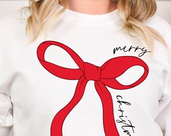 Merry Christmas Coquette Bow Sweatshirt, Red Ribbon Hoodie, Happy New Year Gift, Mama Christmas Sweatshirt, Girls Christmas Sweatshirt