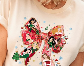 Coquette Bow Christmas Princess Shirt, Disney Princess Xmas Tee, Elsa Christmas Shirt, Snow White Xmas Tshirt, Christmas Belle Beauty Shirt
