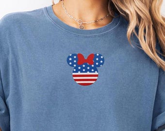Embroidery Disney Shirt, July 4th Shirt, Comfort Colors Tee, Mickey Mouse Tee, Minnie Mouse Shirt, Embroidery Mickey Tee, Patriotic Shirt