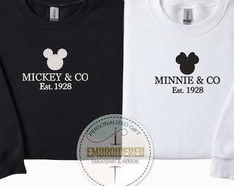 Embroidery Mickey Minnie Est 1928 Sweatshirt, Disney Vacation Embroidered Hoodie, Kids Minnie Mickey Gifts, Embroidery Disney World Hoodie