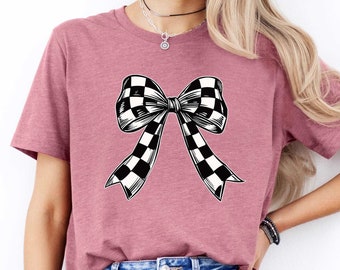 Checkered Bow Tee, Checkered Coquette Tee, Checkered Pattern Tee, Checkered Design Tee, Coquette Ribbon Tee, Auto Racing Tee, Mom Bow Shirt