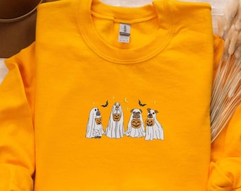 Embroidery Dogs Sweatshirt, Embroidered Puppy Hoodie, Ghost Kids Sweatshirt, Spooky Dogs Apparel, Jack-o-Lantern Wear, Halloween Day Hoodie