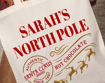 Personalized North Pole Tote Bag, Custom Christmas Bag, Xmas Name Tote Gift, Santa Claus Tote Bag, Reindeer Sleigh Design, HoHoHo Tote Bag
