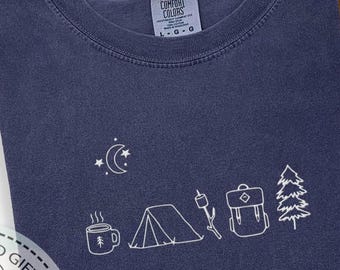 Camisa de camping bordada, color cómodo, camiseta de campamento, camiseta de otoño, atuendo de aventura, camiseta de bosque, camiseta de senderismo, camiseta de campamento de verano