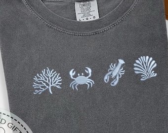Embroidery Marine Shirt, Comfort Color, Beach Vacation Tee, Ocean Shirt, Nautical Animals Tee, Coast Shirt, Summer Gift, Embroidery Crab Tee