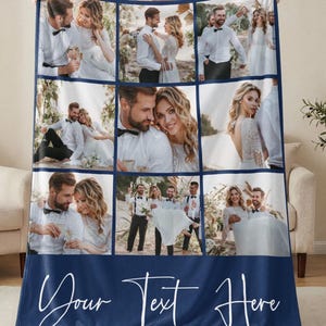May include: A rectangular navy blue fleece blanket featuring a grid of nine photographic panels displaying a couple in wedding attire. The bottom section of the blanket displays the white cursive text "Your Text Here" against the solid navy blue fabric.