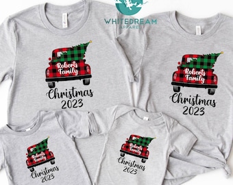 Family Christmas Shirts, Personalized Vacation Shirt, Family Name Shirt, Buffalo Plaid Shirt, Vintage Truck Shirt, Holiday Shirt, Santa Tee