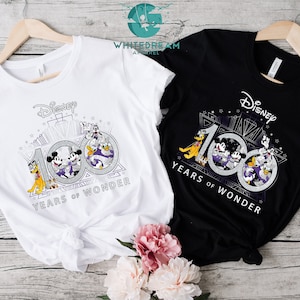 May include: Two t-shirts, one white and one black, with a graphic of Mickey Mouse, Minnie Mouse, Donald Duck, Goofy, and Pluto celebrating Disney's 100th anniversary. The graphic features the text "Disney 100 Years of Wonder".