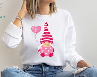 Sudadera de gnomo, camiseta con globo "Te amo", camiseta de San Valentín para parejas, camiseta de gnomo, sudadera de gnomo linda, camisetas divertidas, camiseta de San Valentín