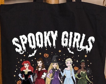 Spooky Girls Tote Bag, Elsa Belle Rapunzel Tiana Ariel Tote Bag, Witch Princess Bag, Girl Halloween Gift, Disney Halloween Princess Tote Bag
