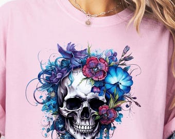 Floral Skull Halloween Party Shirt, Comfort Colors Tee, Woman Halloween Tshirt, Skeleton Shirt, Halloween Flowers Tee, Spooky Skull Shirt