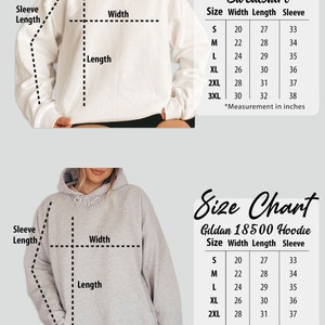 May include: Size chart for a sweatshirt and hoodie. The chart shows the width, length, and sleeve length in inches for sizes S, M, L, XL, 2XL, and 3XL.
