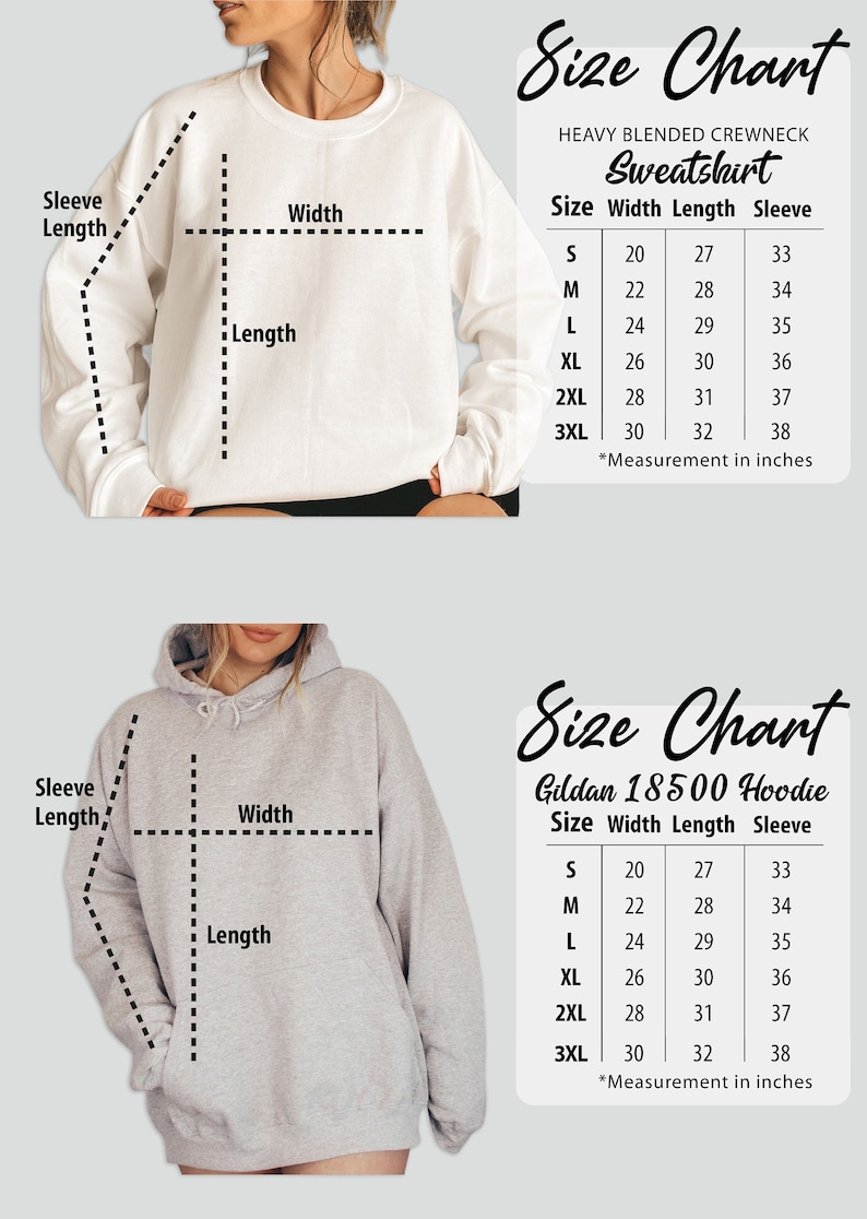 May include: Size chart for a sweatshirt and hoodie. The chart shows the width, length, and sleeve length in inches for sizes S, M, L, XL, 2XL, and 3XL.