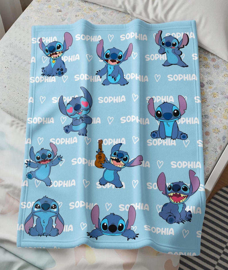 Personalized Stitch Blanket Custom Name |Stitch Gift for Kids Girls Birthday Cozy Throw Soft Fleece Disney Throw Blanket Family Present image 1