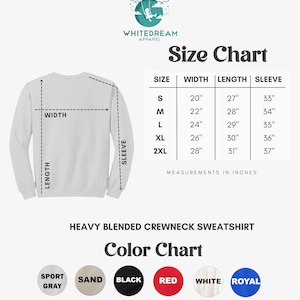 Puede incluir: Tabla de tallas para una sudadera de cuello redondo de mezcla pesada con medidas en pulgadas. La tabla muestra el ancho, la longitud y la longitud de la manga para las tallas S, M, L, XL y 2XL. La sudadera est&aacute; disponible en los siguientes colores: Gris deportivo, Arena, Negro, Rojo, Blanco y Real.