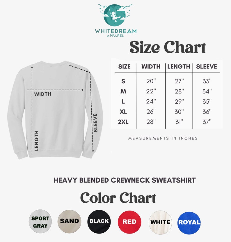 Puede incluir: Tabla de tallas para una sudadera de cuello redondo de mezcla pesada con medidas en pulgadas. La tabla muestra el ancho, la longitud y la longitud de la manga para las tallas S, M, L, XL y 2XL. La sudadera est&aacute; disponible en los siguientes colores: Gris deportivo, Arena, Negro, Rojo, Blanco y Real.