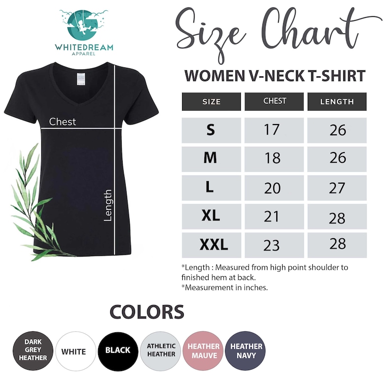Op de afbeelding: Maattabel voor dames V-hals T-shirts. De tabel toont maten S tot en met XXL met de bijbehorende borst- en lengtemaat in inches. De tabel bevat ook een lijst met kleuren: Donker grijs melange, Wit, Zwart, Atletisch melange, Hemelsblauw melange en Marineblauw melange.