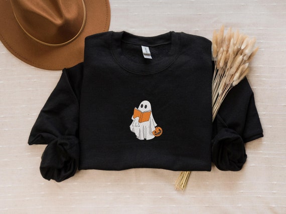 Embroidered Spooky Sweatshirt, Embroidery Ghost Hoodie, Halloween Kids Sweatshirt, Book Lover Ghost Hoodie, Halloween Bookish Wear