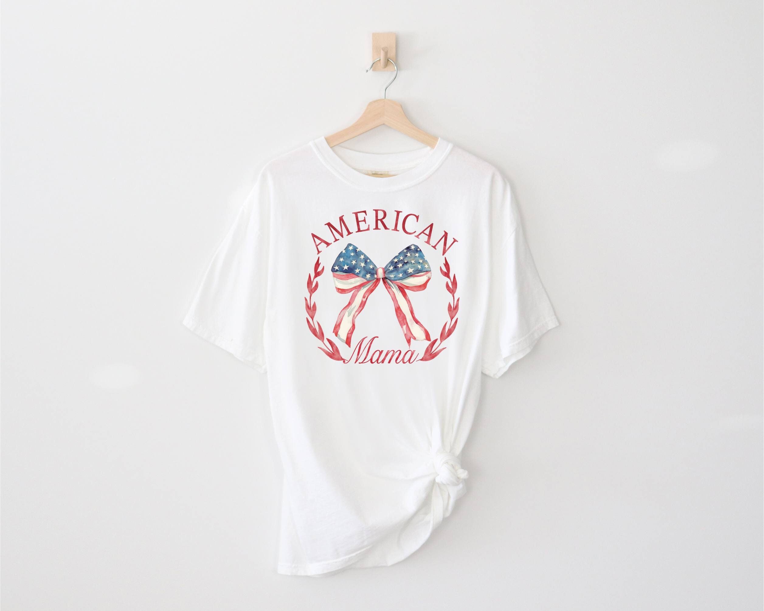American Mama Shirt, Comfort Color, Watercolor Bow Tee, Coquette Bow Tee, USA Lady Gift, July 4th Tee, Patriot Woman Tee, American Party Tee