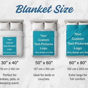 May include: Three beds with teal blankets featuring the text Your Custom Text-Pictures Logo (Any design you like). Sizes are 30 inches by 40 inches, 50 inches by 60 inches, and 60 inches by 80 inches. The title Blanket Size is at the top.