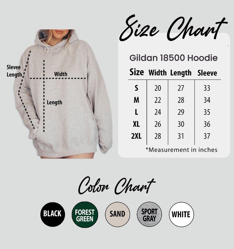 以下が含まれることがあります： Gildan 18500 パーカーのサイズチャート。サイズはS、M、L、XL、2XL。チャートには、幅、長さ、袖丈がインチで表示されています。カラーオプションは、ブラック、フォレストグリーン、サンド、スポーツグレー、ホワイトです。