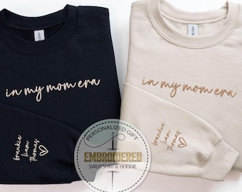 Custom Embroidery Mom Sweatshirt, Embroidery Mom Era Hoodie, Mothers Day Gift, Kids Names On Sleeve, Mommy Birthday Gift, Mama Love Hoodie