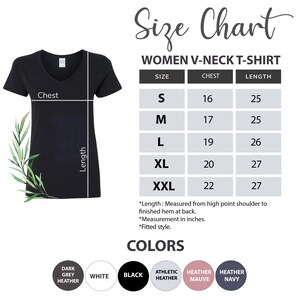 May include: Size chart for a women's v-neck t-shirt. The chart shows sizes S through XXL with corresponding chest and length measurements in inches. The chart also includes a description of the measurements and a list of available colours: Dark Grey Heather, White, Black, Athletic Heather, Heather Mauve, and Heather Navy.