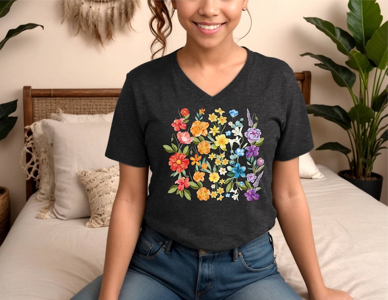 May include: A dark grey V-neck t-shirt with a colorful floral design. The flowers are arranged in a rainbow pattern, with red, orange, yellow, green, blue, indigo, and violet flowers.