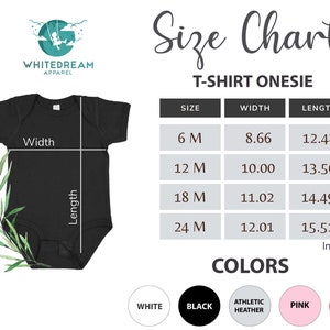 Op de afbeelding: Maattabel voor een T-shirt onesie met afmetingen in inches. De tabel toont maten 6M, 12M, 18M en 24M met bijbehorende breedte- en lengtemaat. De onesie is verkrijgbaar in wit, zwart, sport heather, roze en rood.