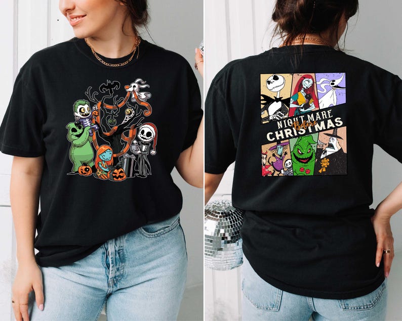 Puede incluir: Camiseta negra con un estampado gr&aacute;fico de personajes de la pel&iacute;cula "Pesadilla antes de Navidad". El gr&aacute;fico presenta a Jack Skellington, Sally y otros personajes de la pel&iacute;cula.
