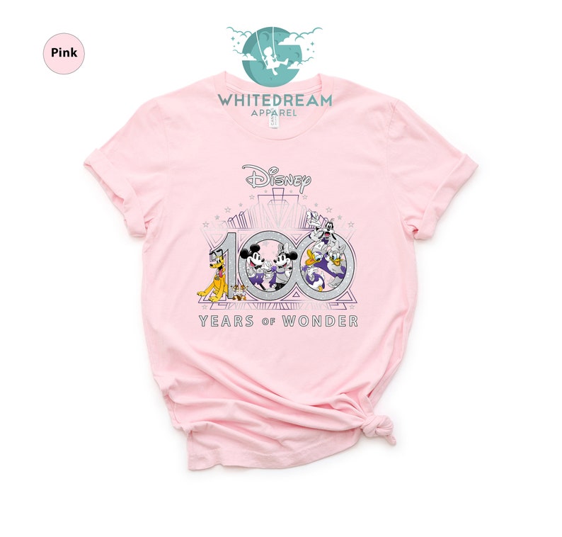 May include: Pink t-shirt with a graphic of Mickey Mouse, Minnie Mouse, Donald Duck, and Goofy celebrating Disney's 100th anniversary. The graphic includes the text "Disney" and "100 Years of Wonder".