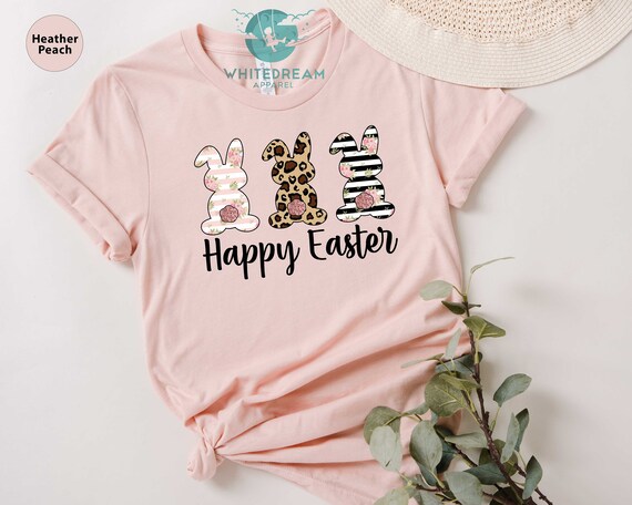 Women's Happy Easter T-Shirt - Cute Bunny Graphic Tee, Short Sleeve Leopard Rabbit Gift Top