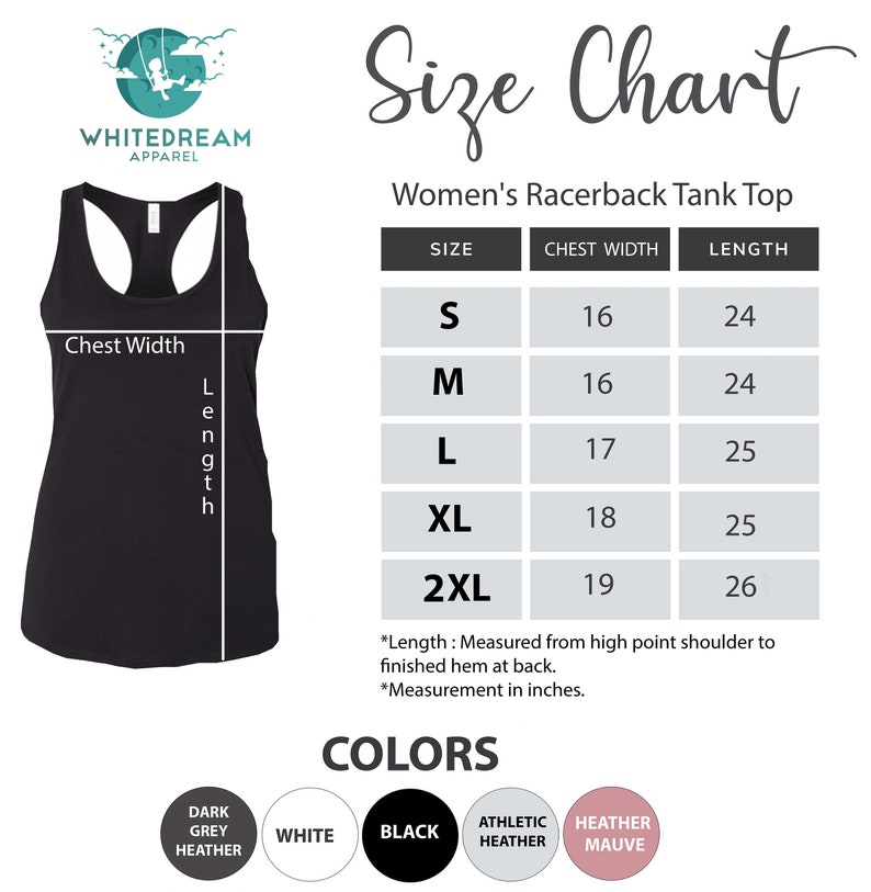 Op de afbeelding: Maattabel voor een racerback tanktop met afmetingen in inches. De maten omvatten S, M, L, XL en 2XL. De kleuren omvatten donkergrijs heather, wit, zwart, atletisch heather en heather mauve.