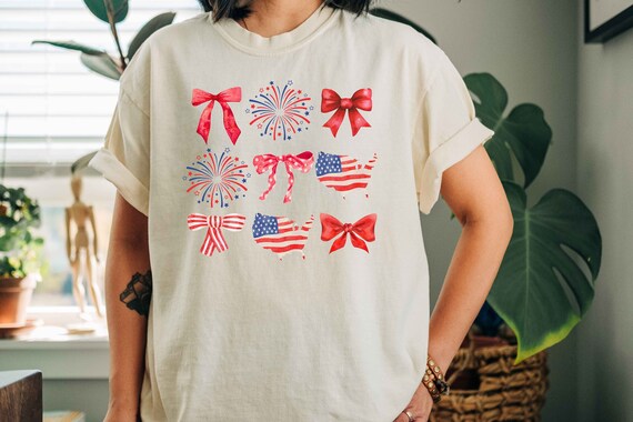 Comfort Colors Shirt, USA Flag Map Tee, Red Ribbon T-Shirt, Coquette Bow Tee, 4th Of July Shirt, American Patriot Tee, Patriotic Woman Tee